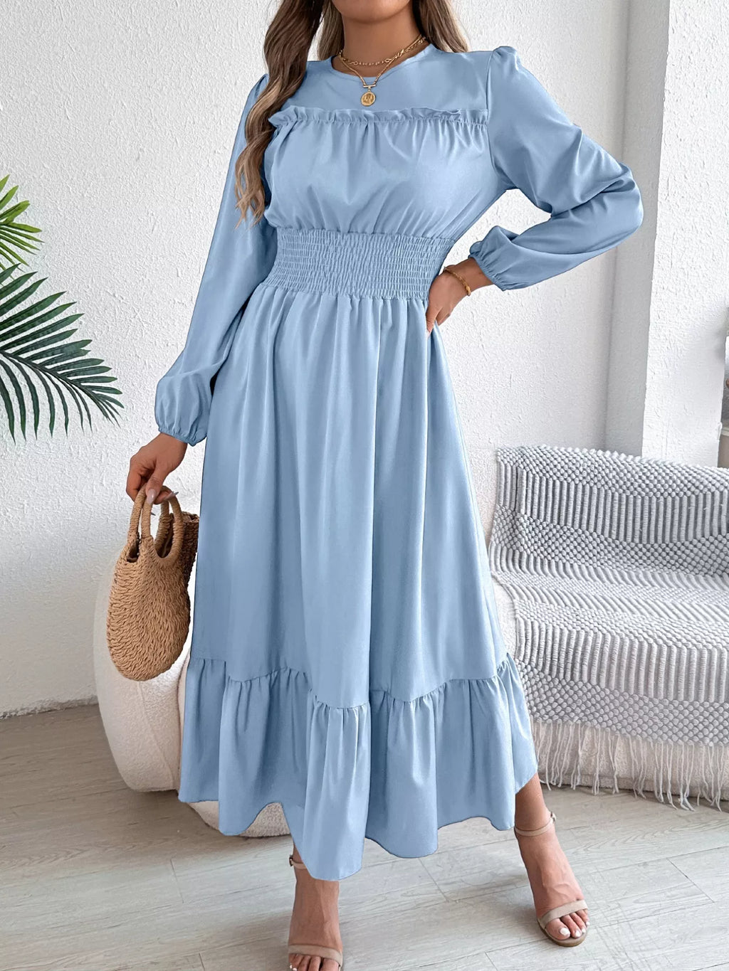 Round Neck Balloon Sleeve Tiered Dress (23)