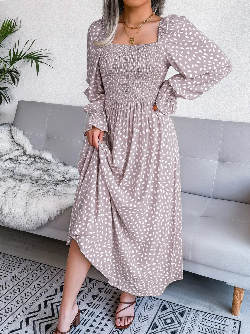 Smocked Square Neck Flounce Sleeve Dress (13)