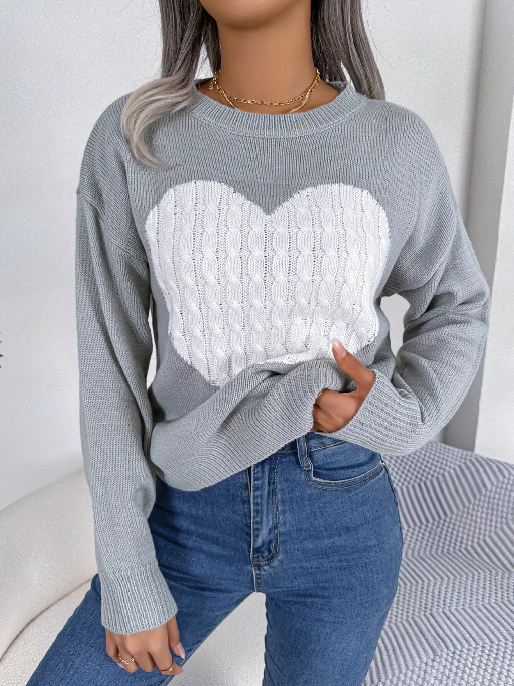 Cable Knit Heart Round Neck Sweater