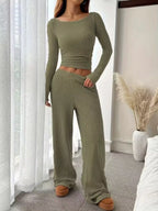 Ribbed Knit Boat Neck Top Pants Set (19)