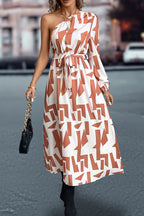 Printed One-shoulder Tie Waist Dress (6)