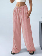 Full Size Striped Drawstring Waist Wide Leg Pants Plus