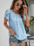 Swiss Dot Round Neck Petal Sleeve Top (8)