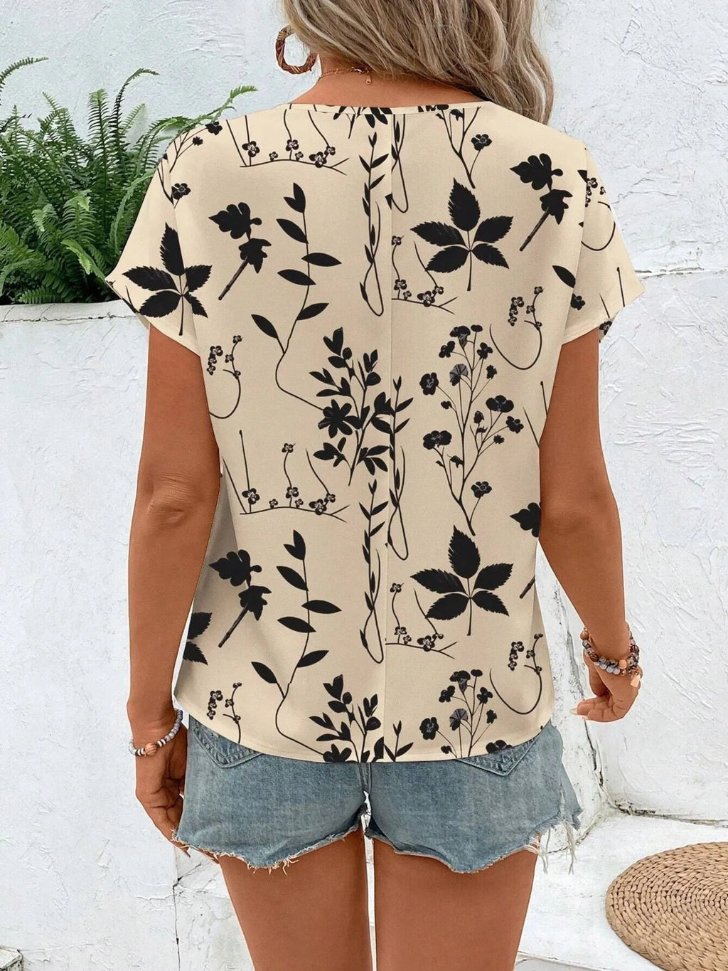 Printed Round Neck Short Sleeve Blouse (5)
