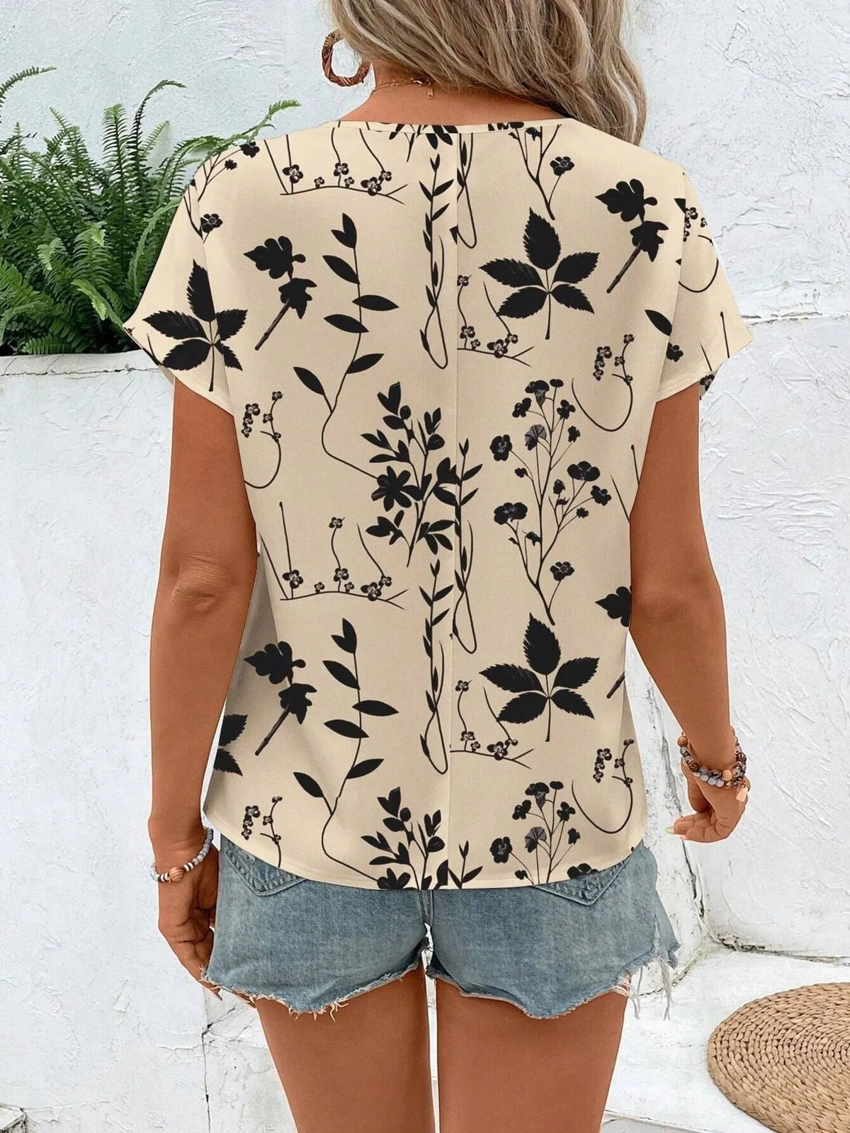 Printed Round Neck Short Sleeve Blouse (5)