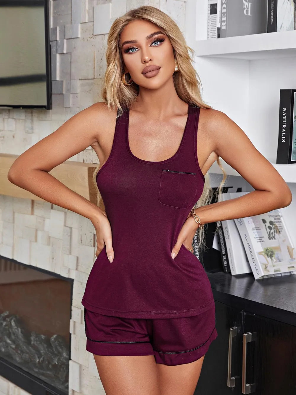 Scoop Neck Wide Strap Tank Shorts Lounge Set (11)