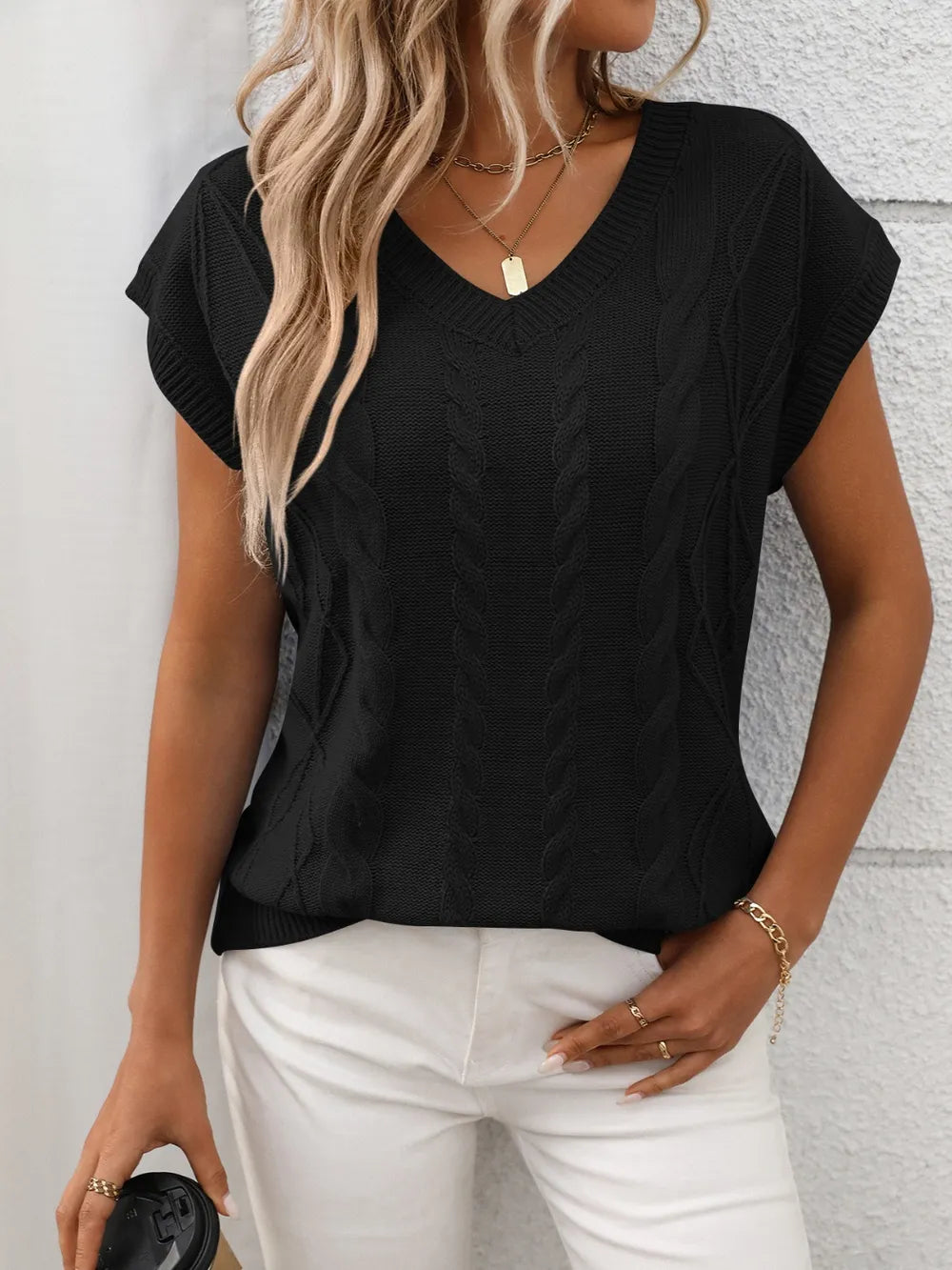 Cable-knit V-neck Short Sleeve Knit Top (10)