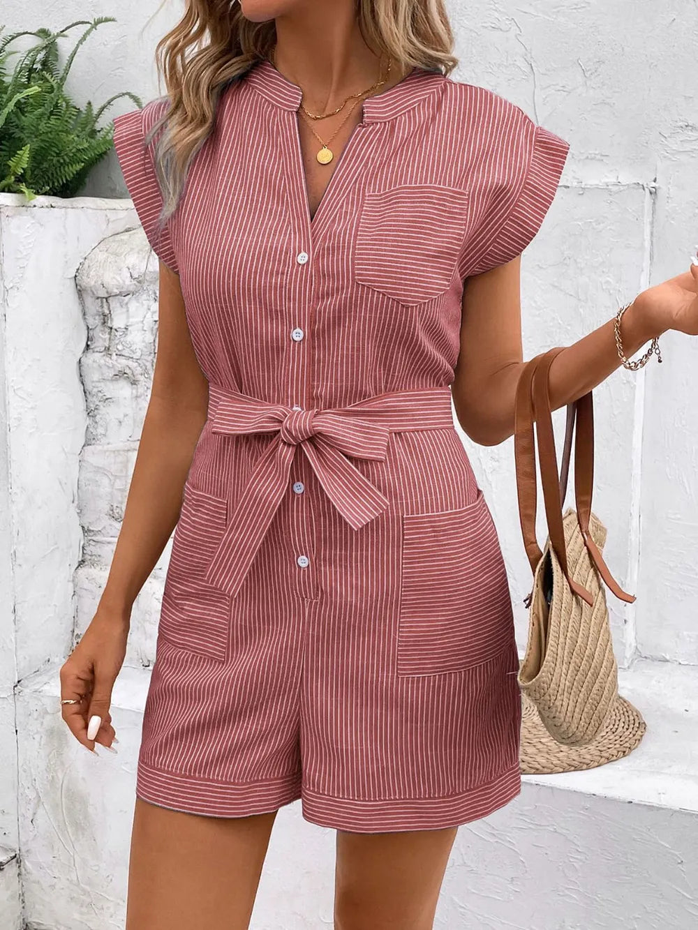 Striped Notched Tie Waist Romper (14)