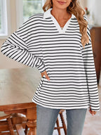 Oversized Striped Johnny Collar T-shirt (4)