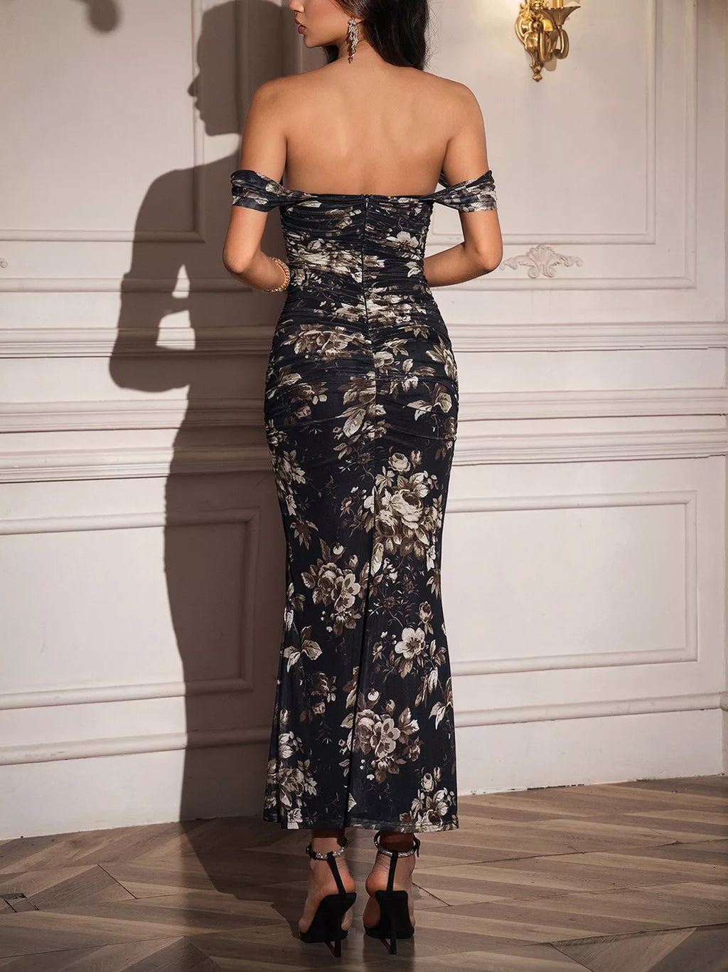 Off-shoulder Ruched Floral Mermaid Dress (10)