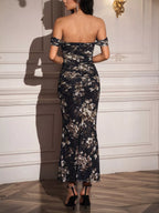 Off-shoulder Ruched Floral Mermaid Dress (10)