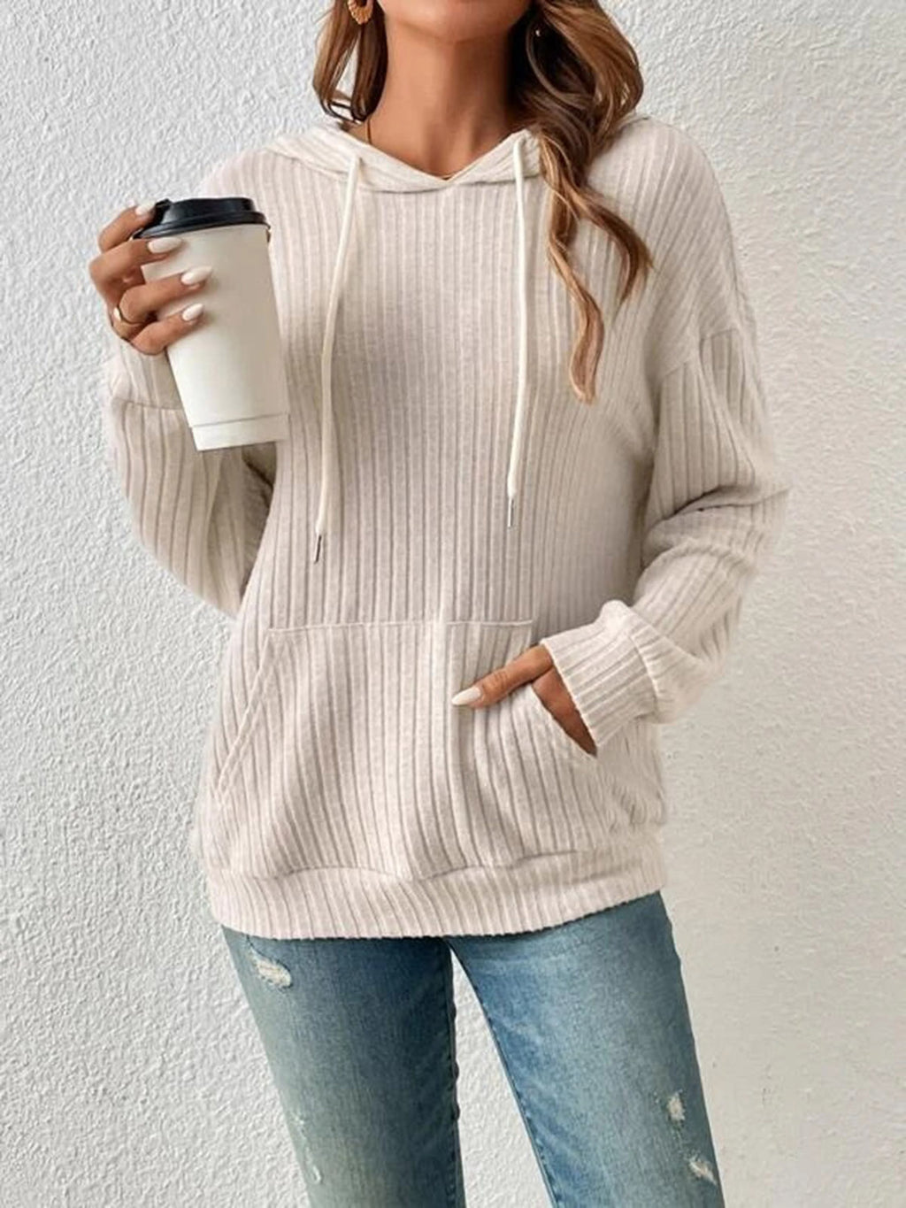 Ribbed Dropped Shoulder Drawstring Hoodie (9)