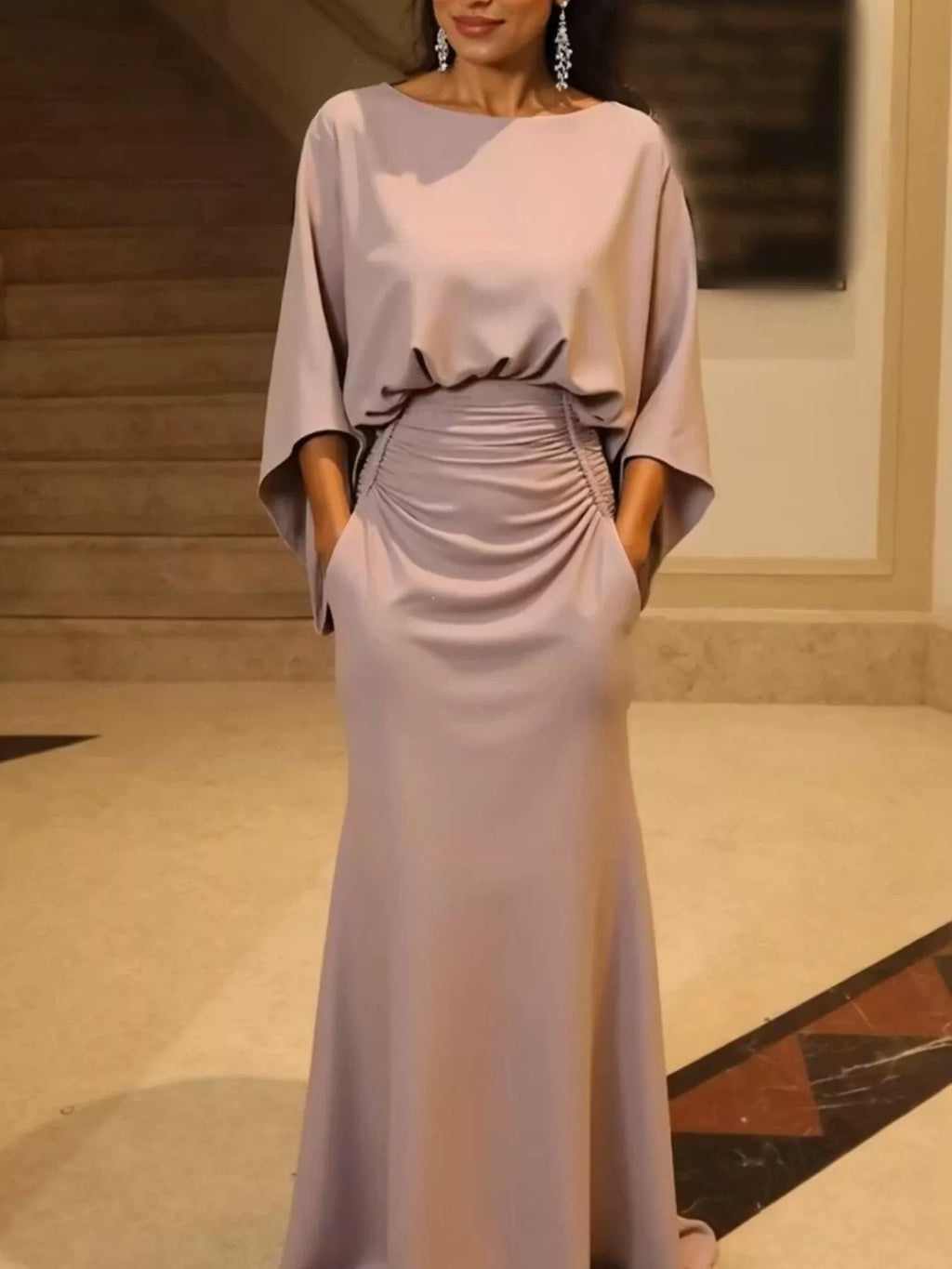 Batwing Sleeve Ruched Maxi Dress (6)