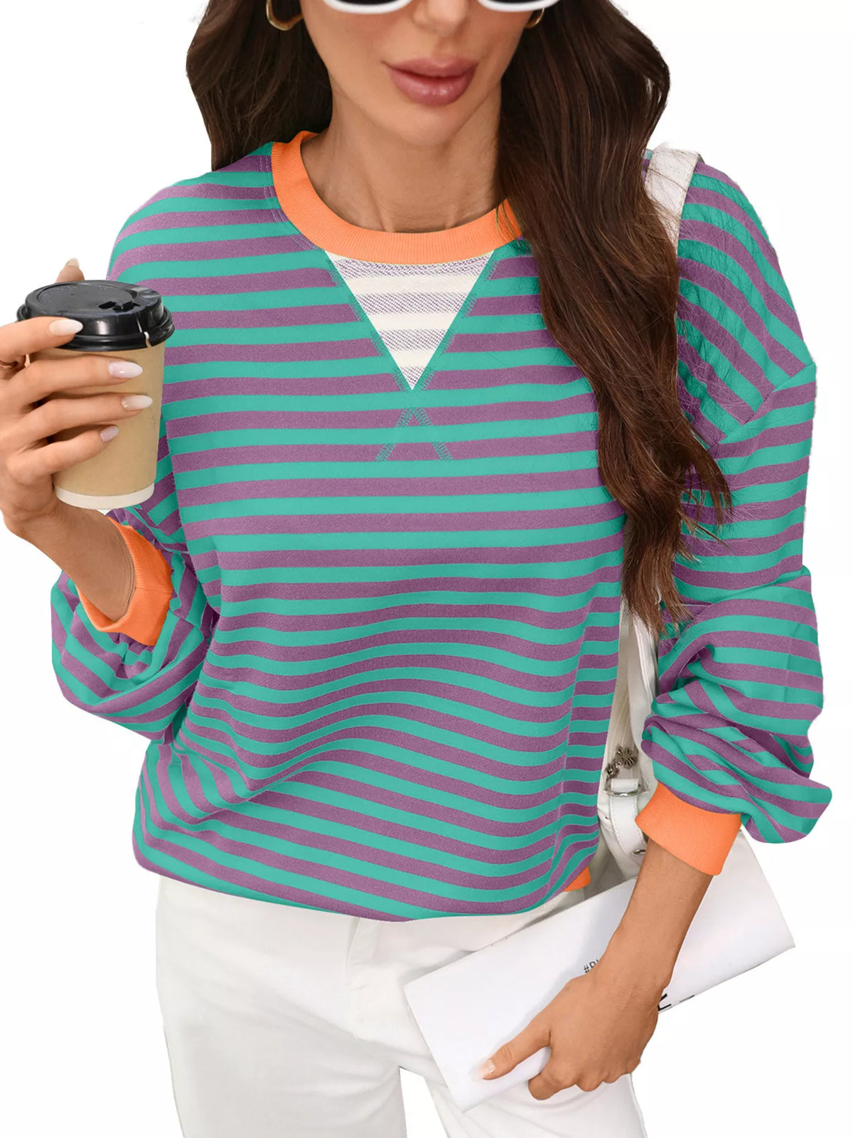 Contrast Trim Striped Crew Neck Sweatshirt (7)