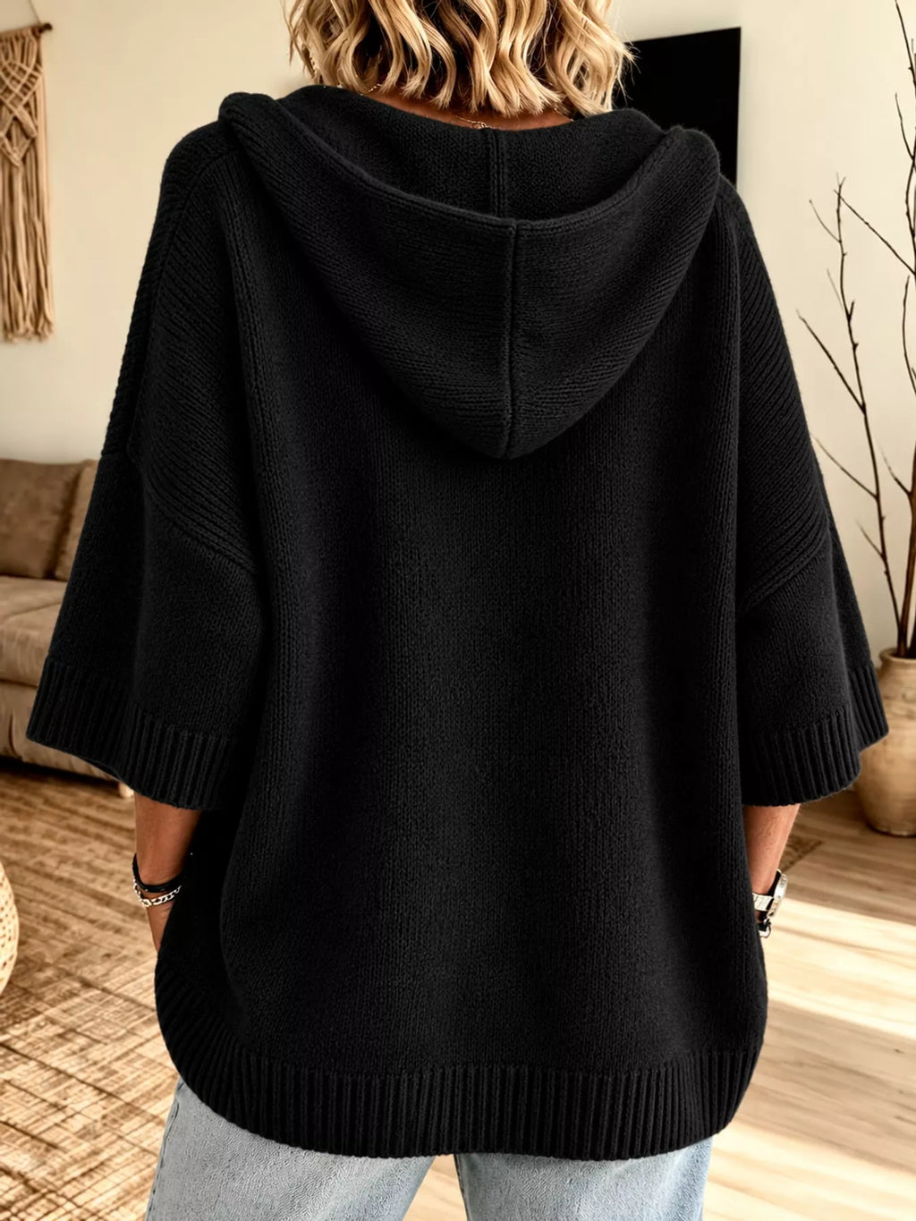 Full Size Hooded Open-front Knit Cardigan Plus (18)