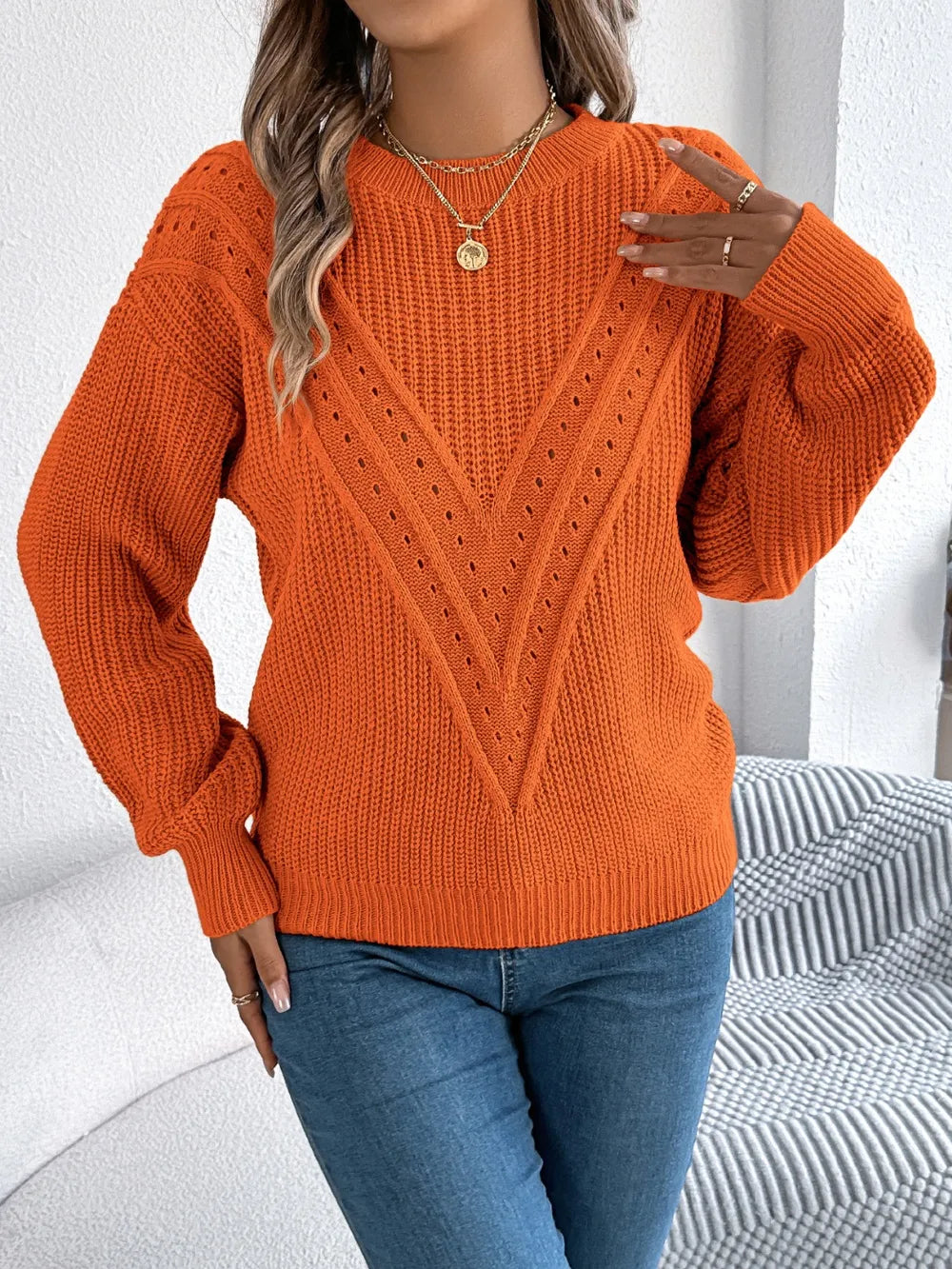 Openwork Round Neck Long Sleeve Sweater (9)