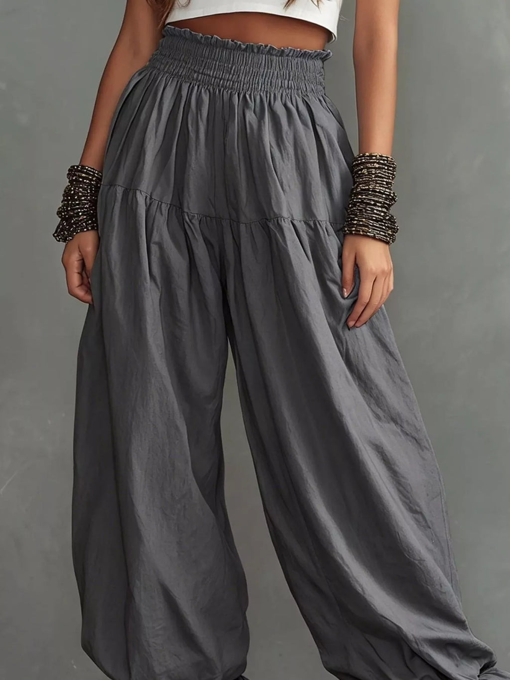 Full Size Smocked Ruffle Hem Wide Leg Pants Plus (12)