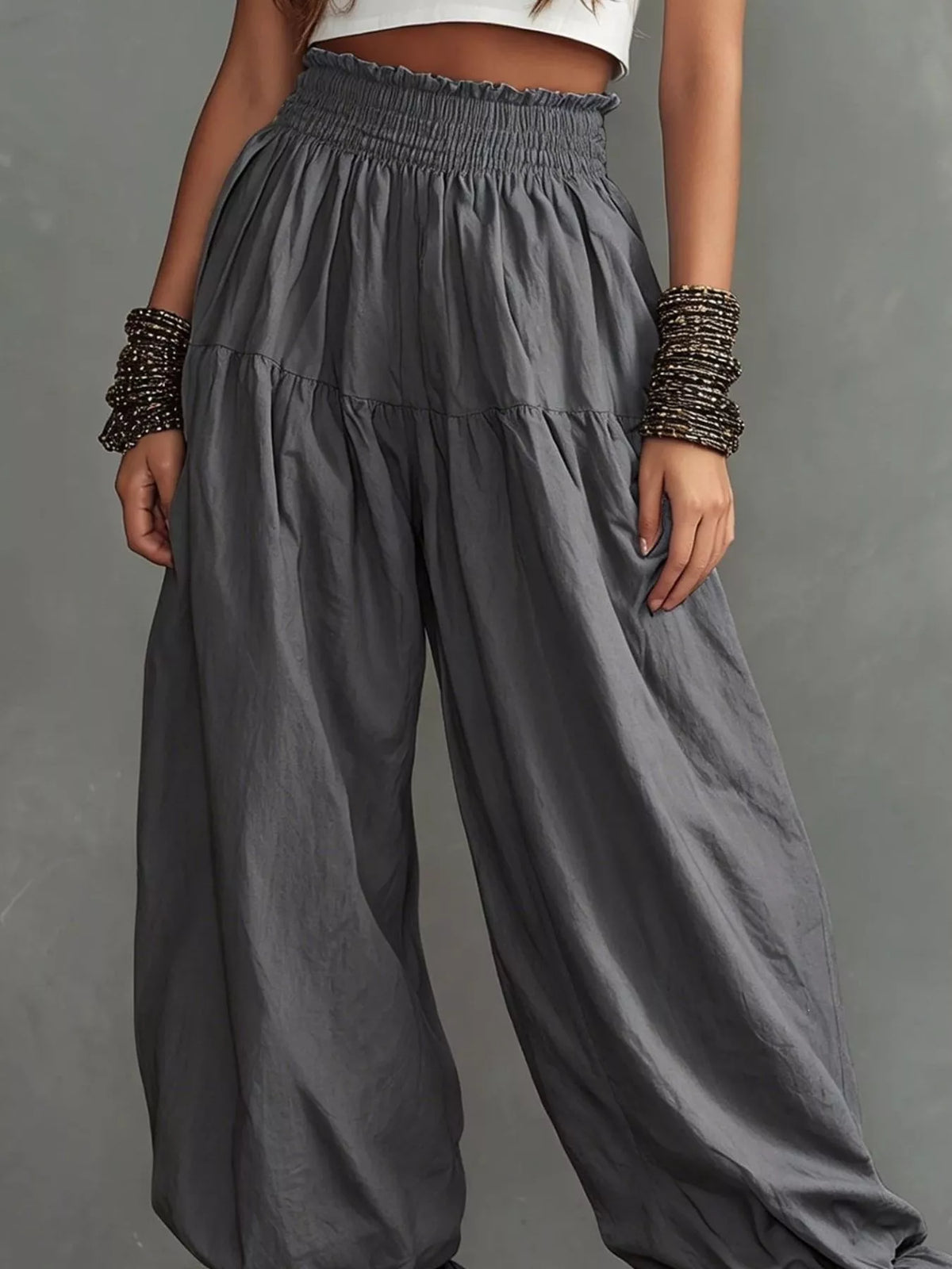 Full Size Smocked Ruffle Hem Wide Leg Pants Plus (12)