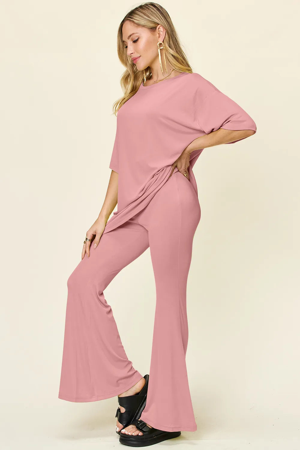 Full Size Round Neck Drop Shoulder T-shirt Flare Pants Set (15)