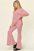 Full Size Round Neck Drop Shoulder T-shirt Flare Pants Set (15)