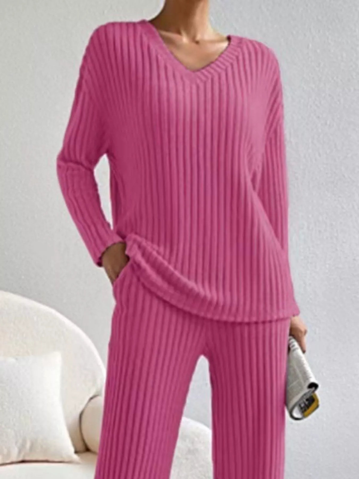 Ribbed Knit V-neck Top Pants Set (24)