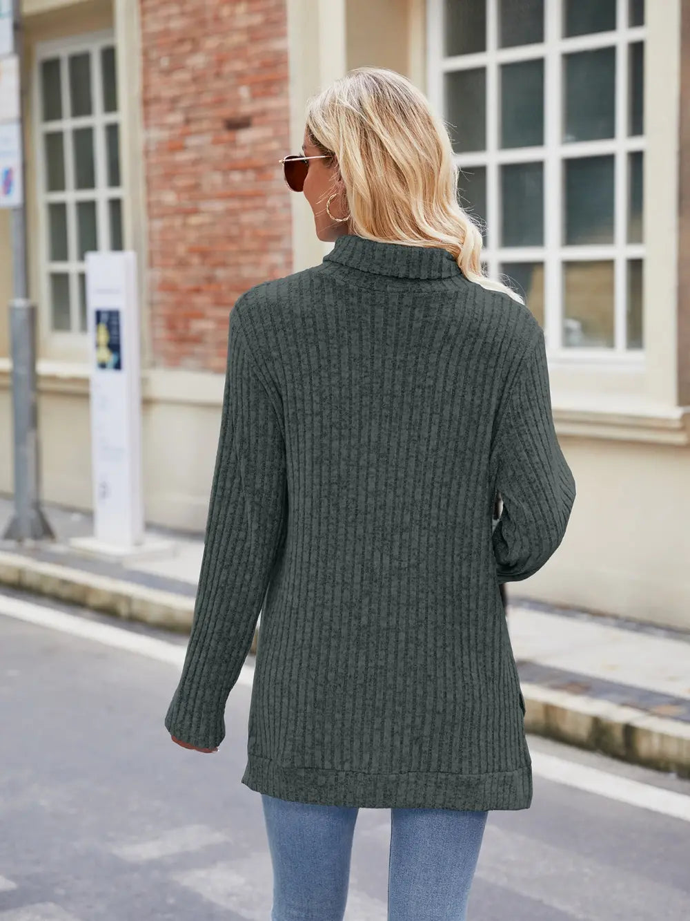 Ribbed Turtleneck Long Sleeve Slit Knit Top (16)