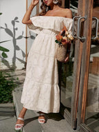 Ruched Off Shoulder Short Sleeve Midi Dress (13)