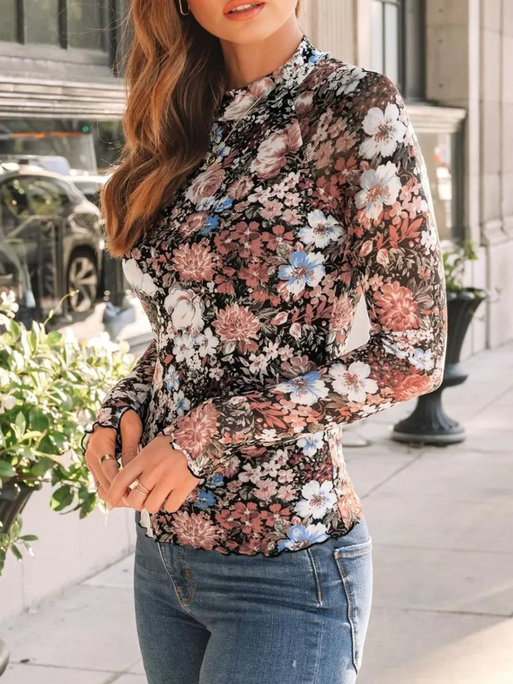 Floral Mock Neck Long Sleeve T-shirt (3)