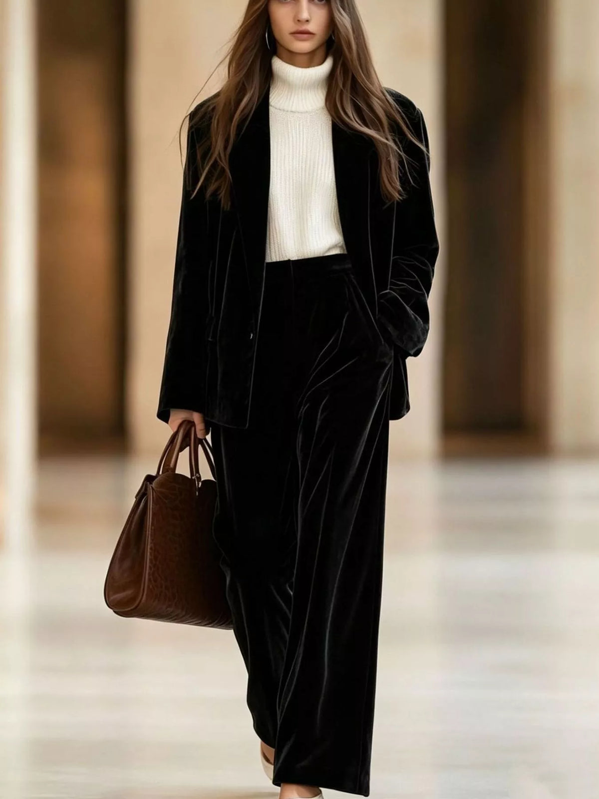 Velvet Blazer Wide-leg Pants Two-piece Set (7)