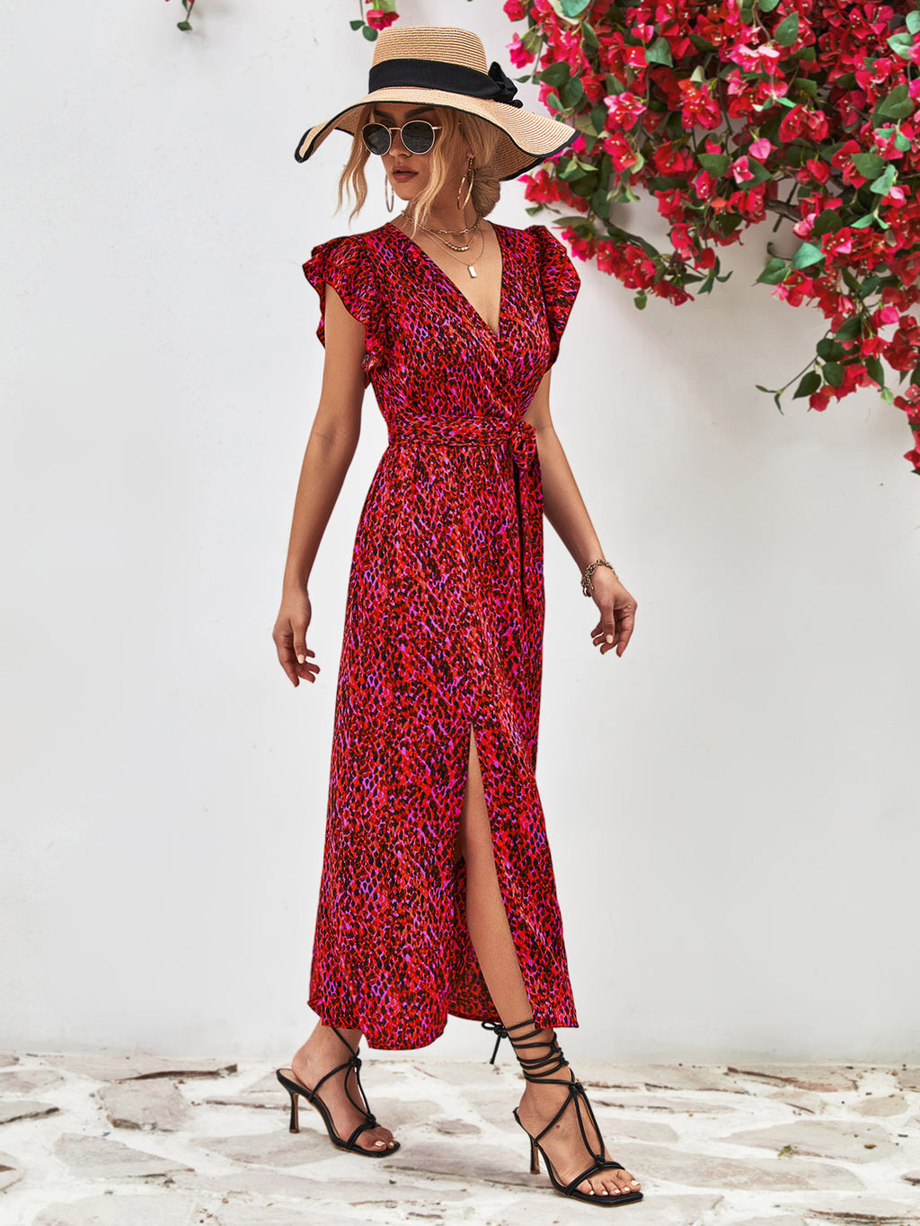 Printed Surplice Neck Flutter Sleeve Slit Dress (11)