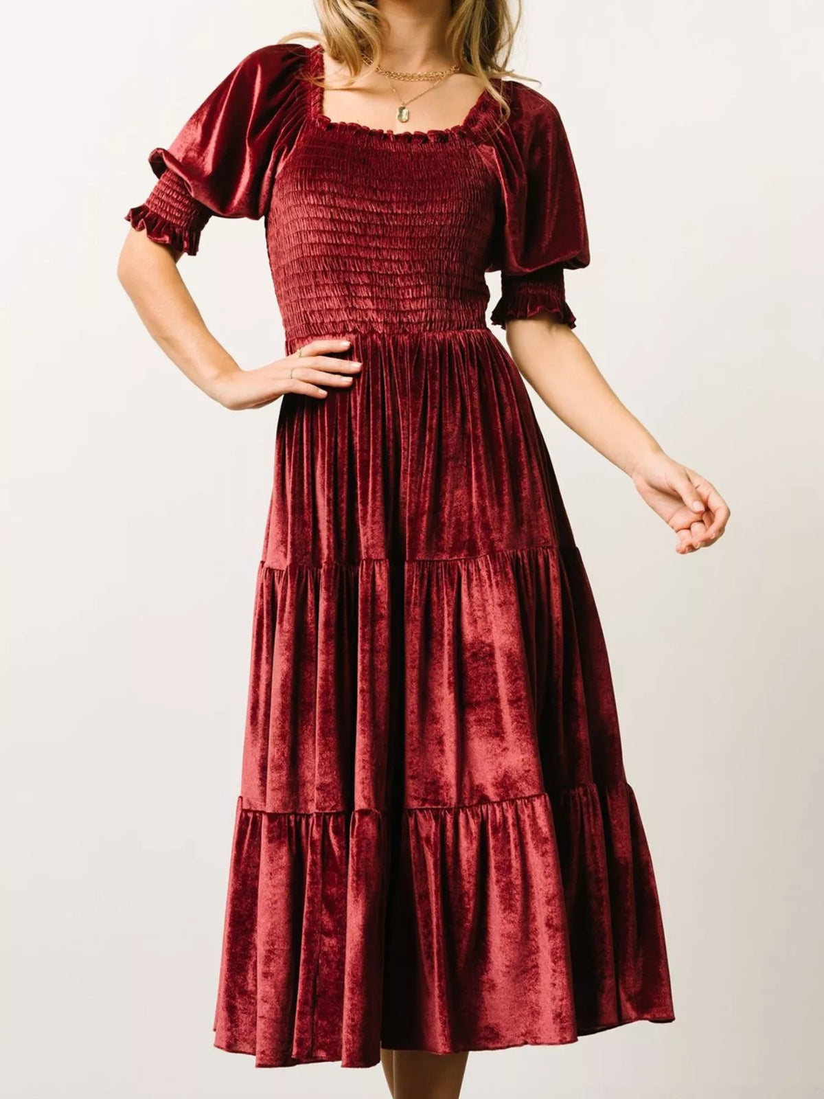 Velvet Smocked Tiered Midi Dress (13)