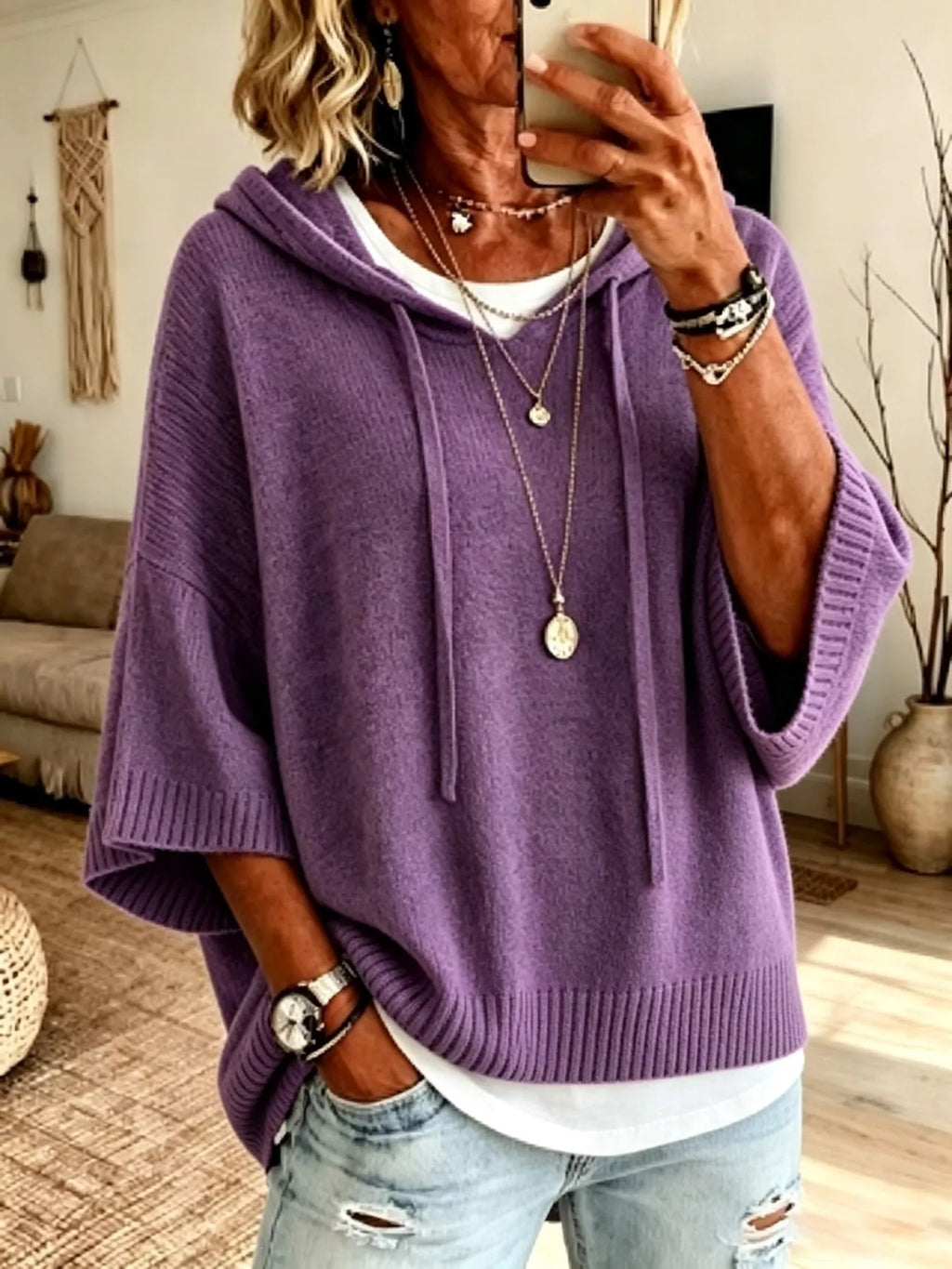 Full Size Casual Hooded Batwing Sleeve Knit Sweater Plus (14)