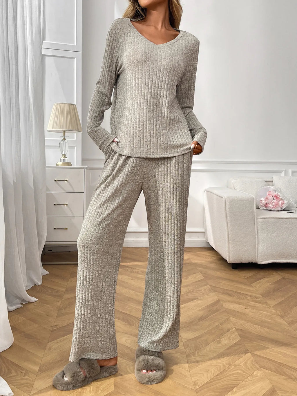 Ribbed Long Sleeve Top Pants Lounge Set (7)