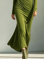 Asymmetrical Neck Ruched Long-sleeve Dress (6)