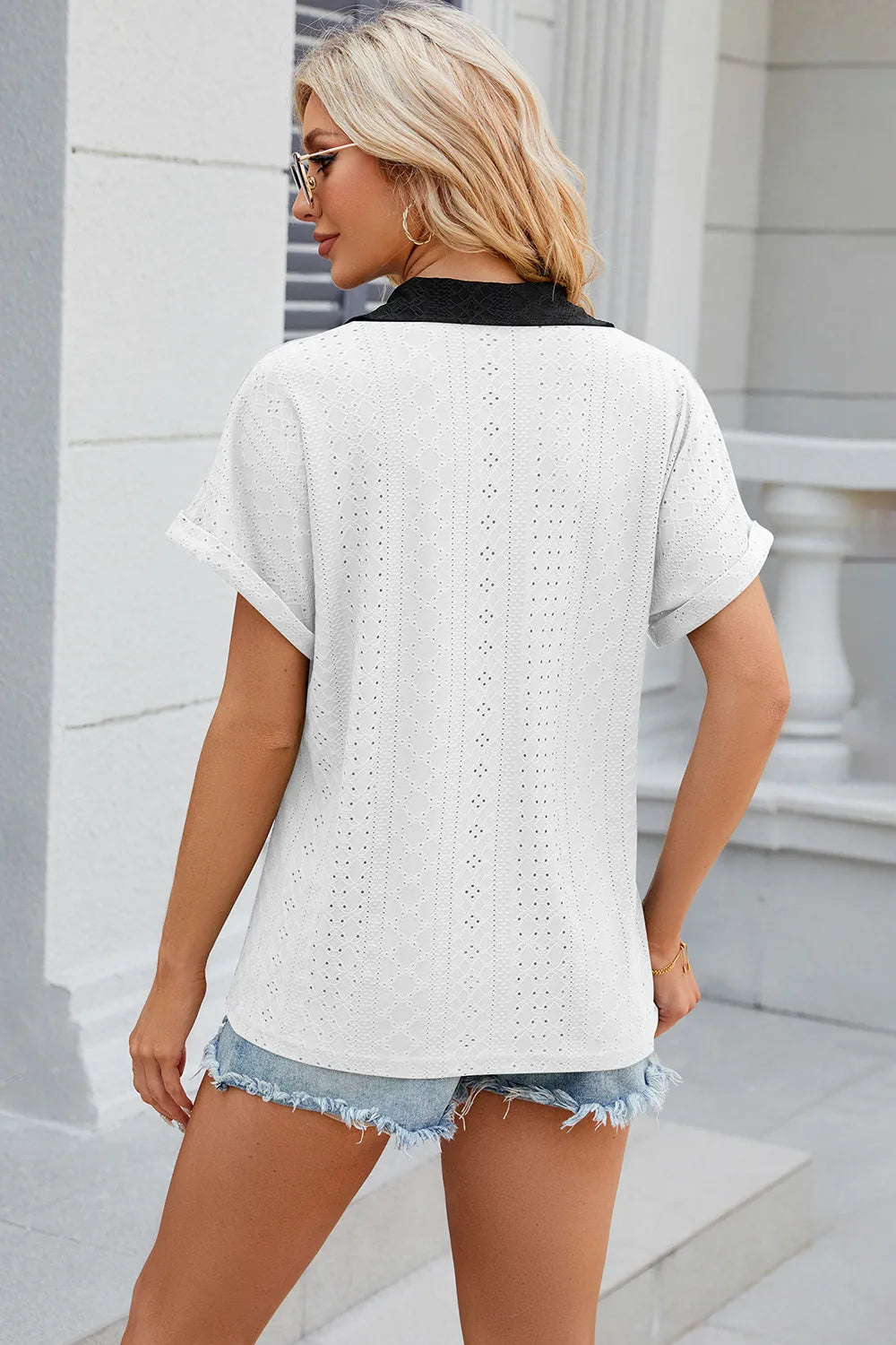Eyelet Johnny Collar Short Sleeve T-shirt (12)