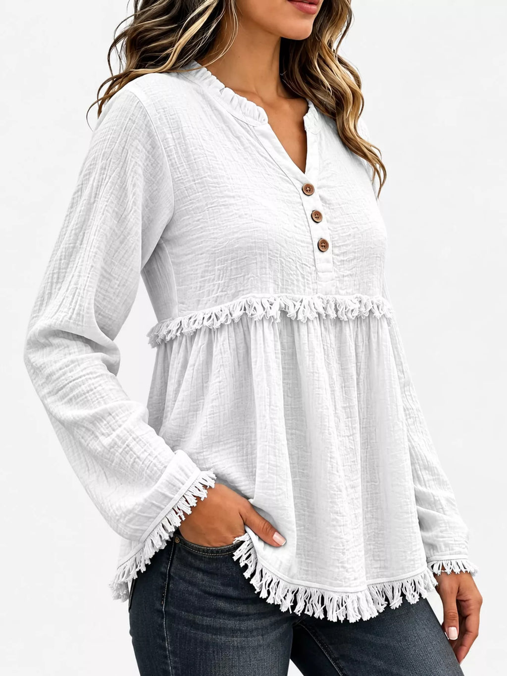 Full Size Frayed Hem Button Detail Blouse Plus (47)