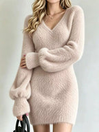 V-neck Fuzzy Knit Sweater Dress