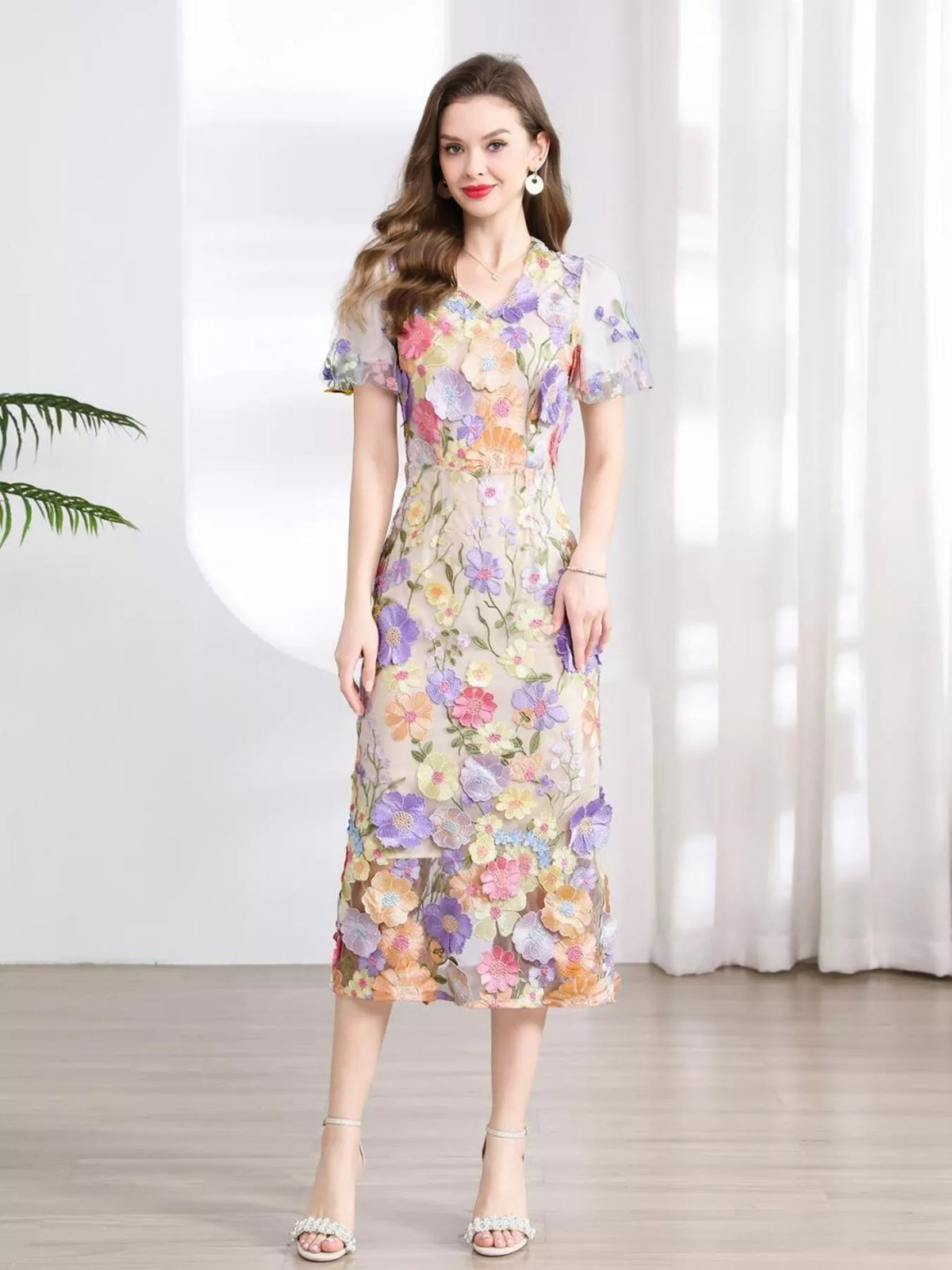 Floral Embroidered Puff Sleeve Midi Dress (3)