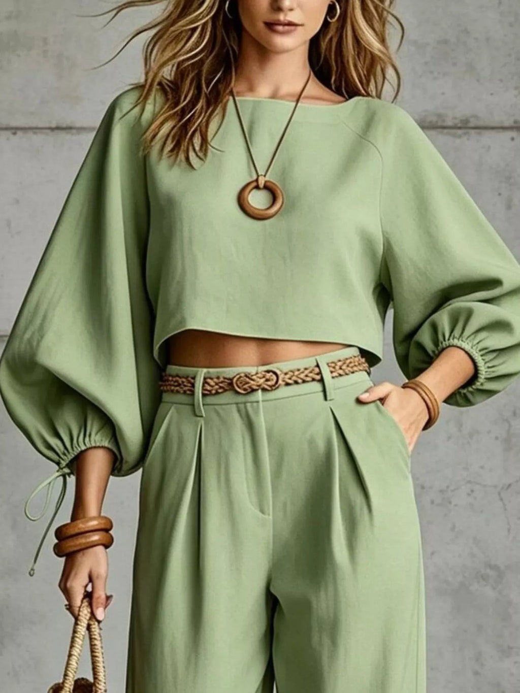 Balloon Sleeve Crop Top Wide-leg Pants Set (5)
