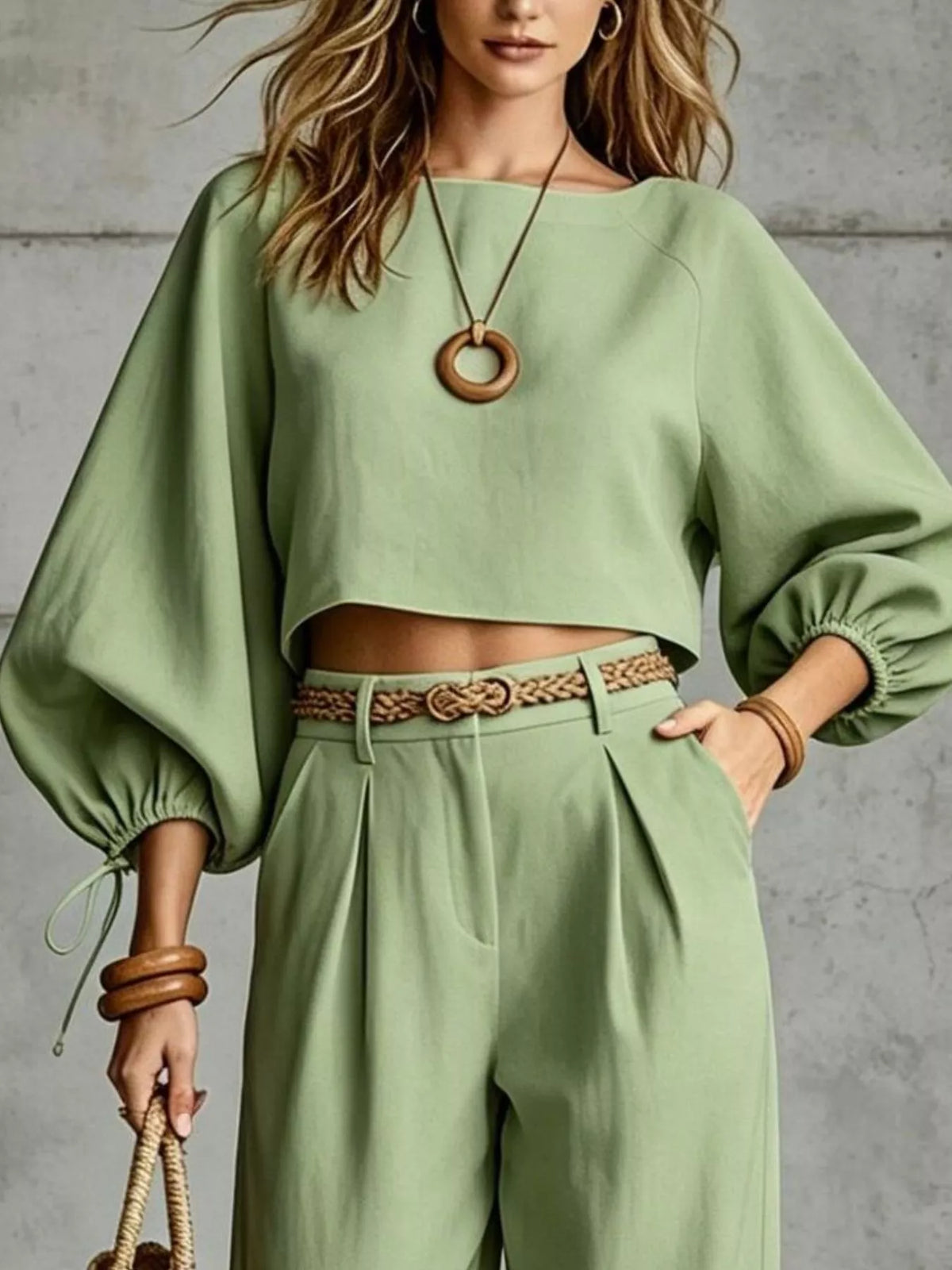 Balloon Sleeve Crop Top Wide-leg Pants Set (5)