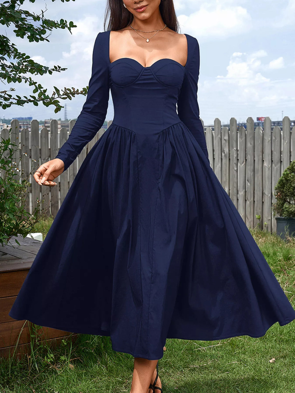 Sweetheart Neckline Long Sleeve A-line Midi Dress (15)