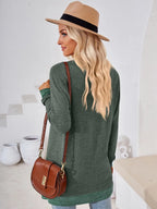 Crochet Contrast V-neck Long Sleeve Slit T-shirt (11)