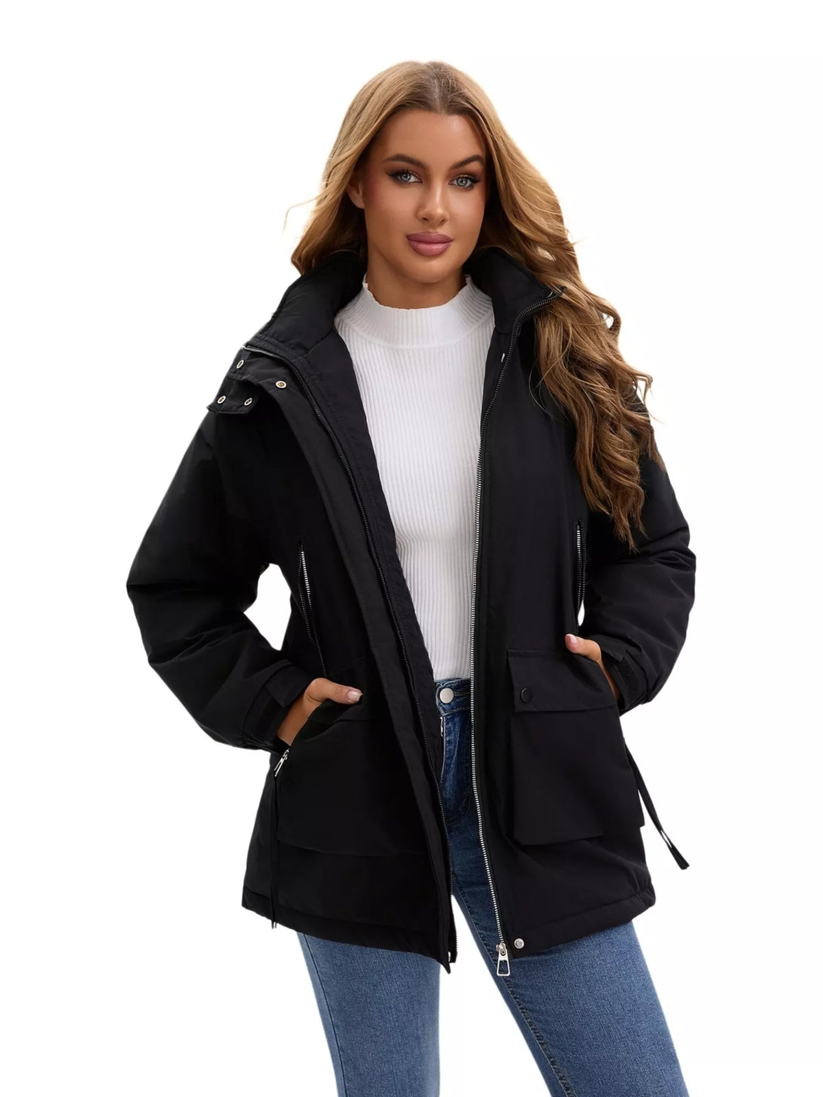 Full Size Zip Up Hooded Parka Outerwear Plus (10)