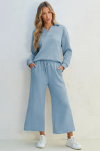Textured Collared Neck Top Wide Leg Pants Set (2)