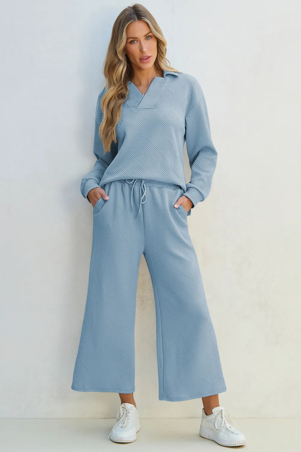 Textured Collared Neck Top Wide Leg Pants Set (2)