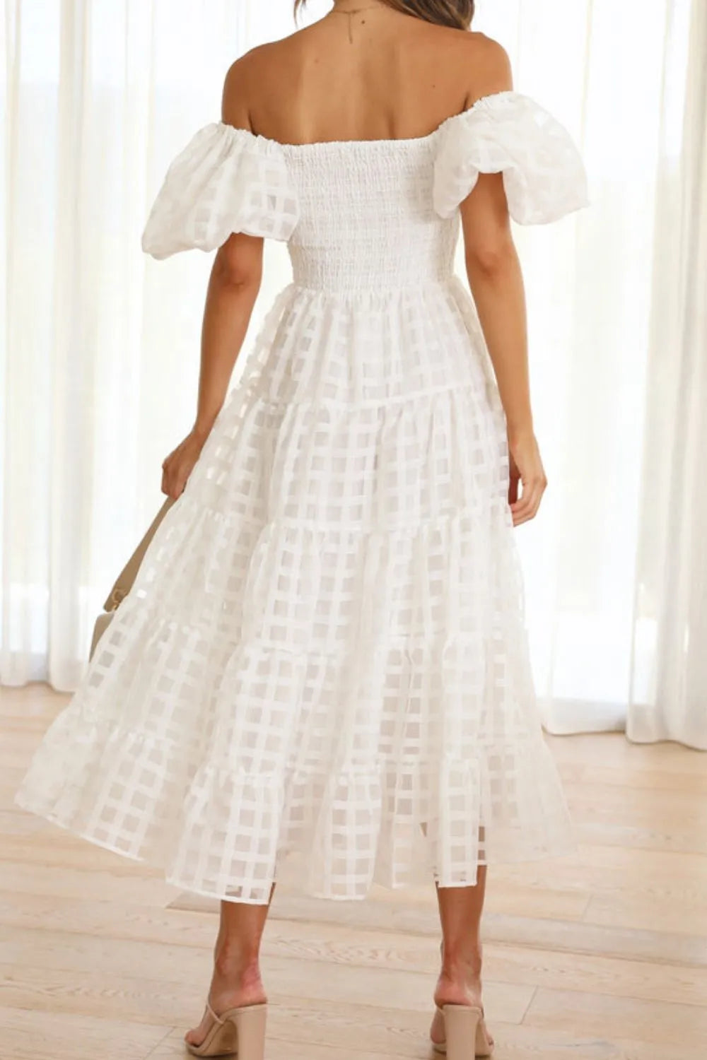 Off Shoulder Short Puff Sleeve Midi Dress (16)
