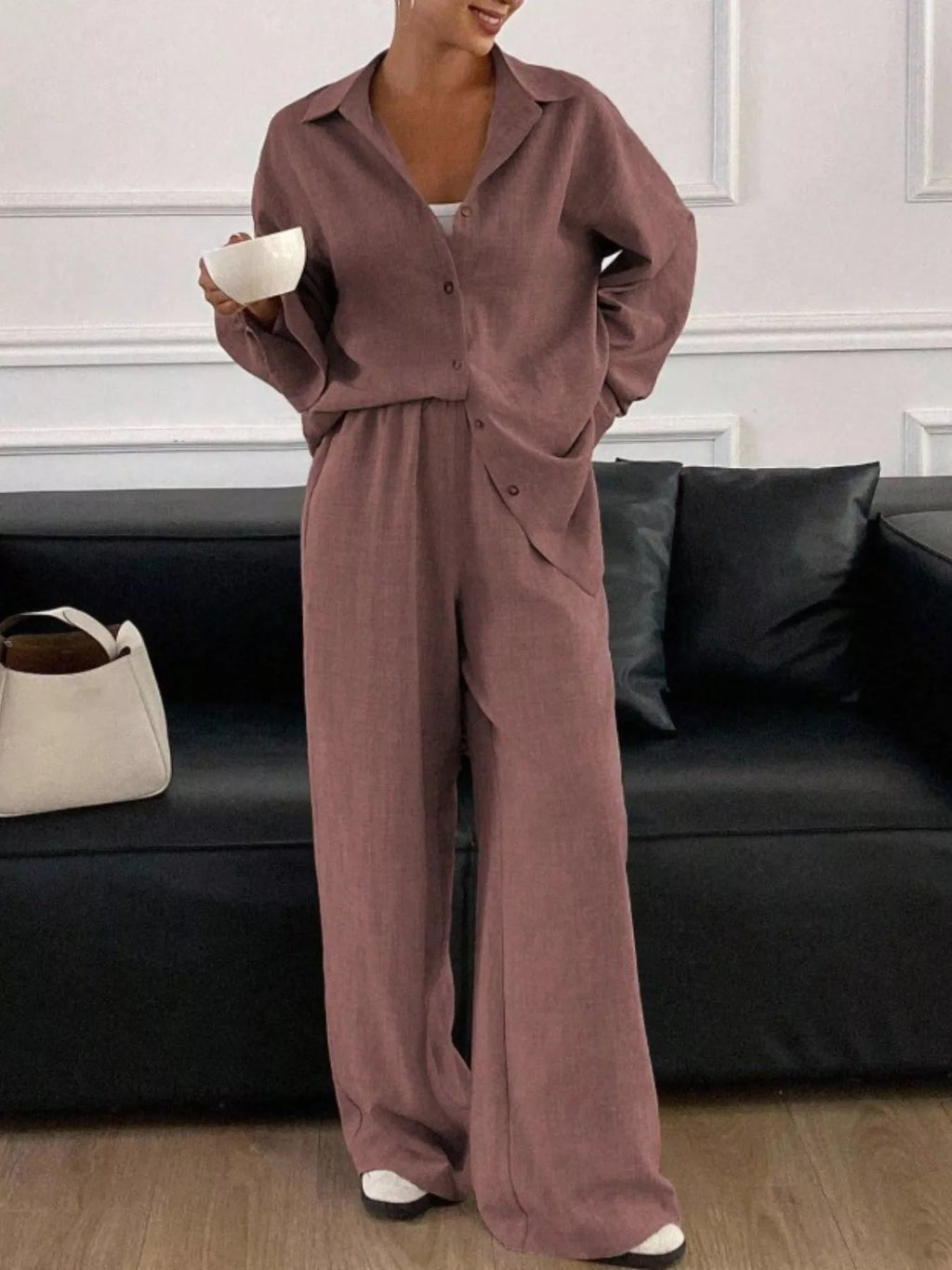 Button Up Long Sleeve Shirt Wide Leg Pants Set (10)