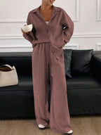 Button Up Long Sleeve Shirt Wide Leg Pants Set (10)