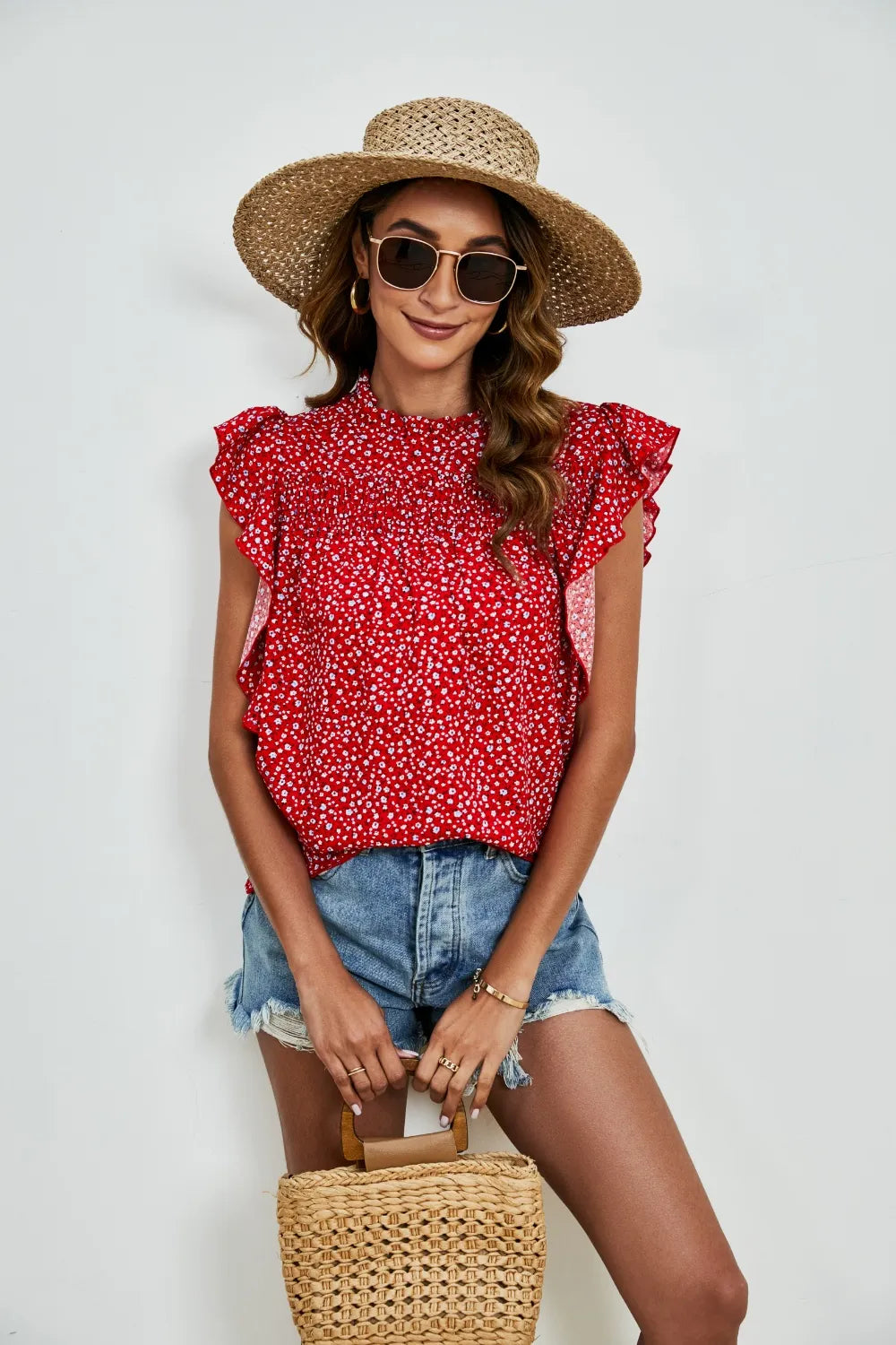 Ruffled Ditsy Floral Mock Neck Cap Sleeve Blouse (15)