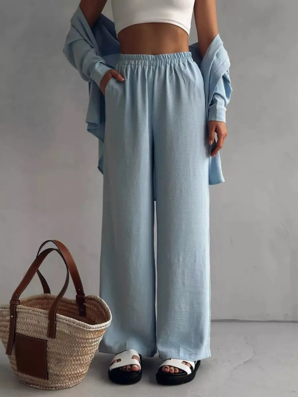 Relaxed Fit Shirt Wide Leg Pants Set (5)